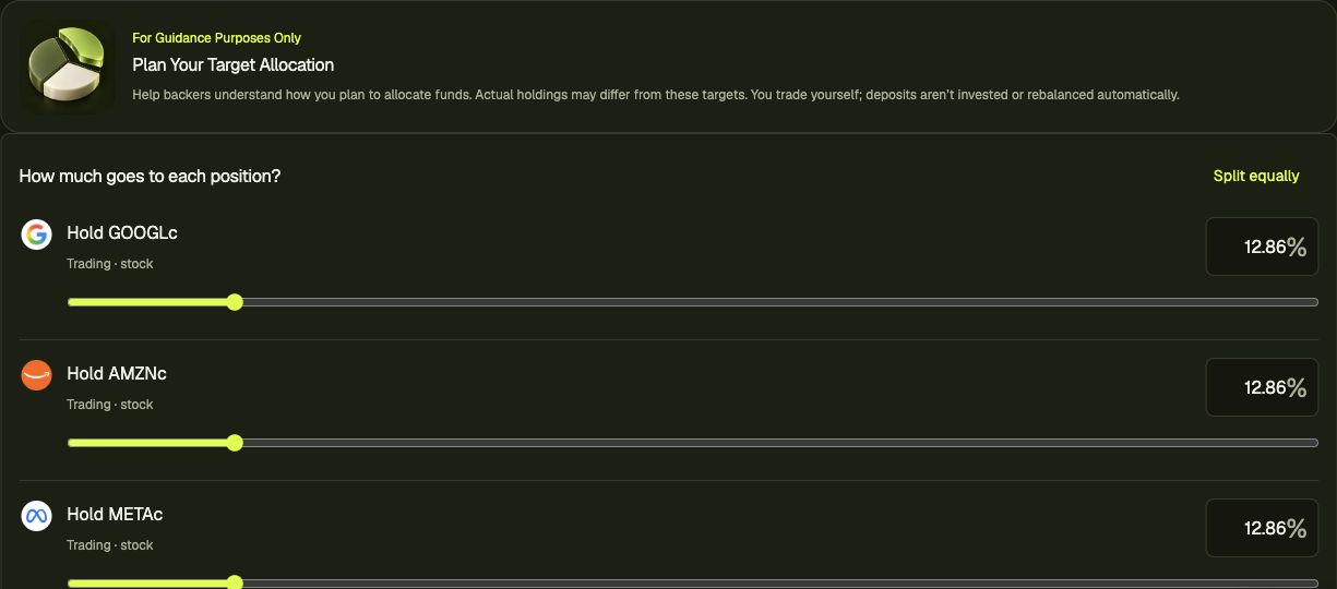 Allocation step after copying Mag 7, showing editable target weights for Google, Amazon and Meta