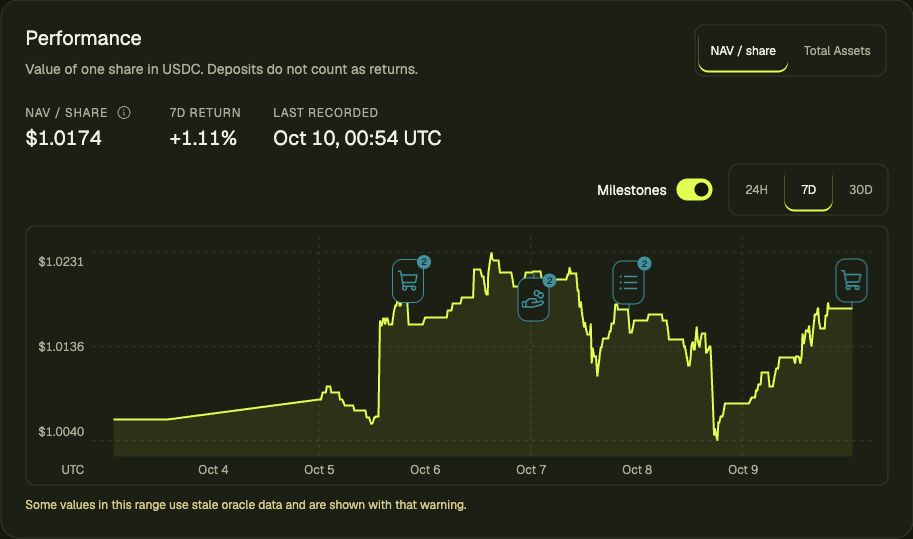 Actual Mag 7 strategy chart showing rises and declines in NAV per share, with activity milestones, a recorded 7 day return of 1.11 percent and a stale oracle data warning
