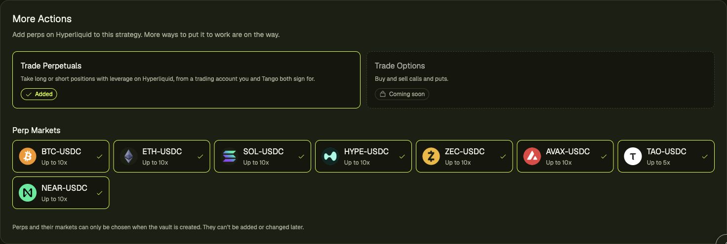 Current Tango strategy builder with Trade Perpetuals enabled and eight Hyperliquid market choices; options are marked coming soon
