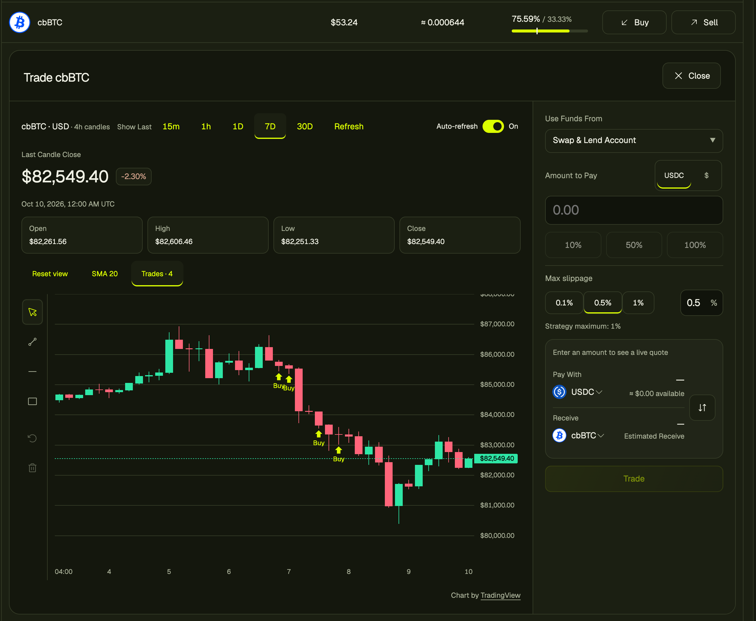 Tango cbBTC trading workspace with a 7 day candlestick chart, recorded buy markers, chart drawing tools and a trade panel